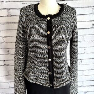 White House Black Market Tweed Cardigan Jacket Womens M Black Cream Gold Button